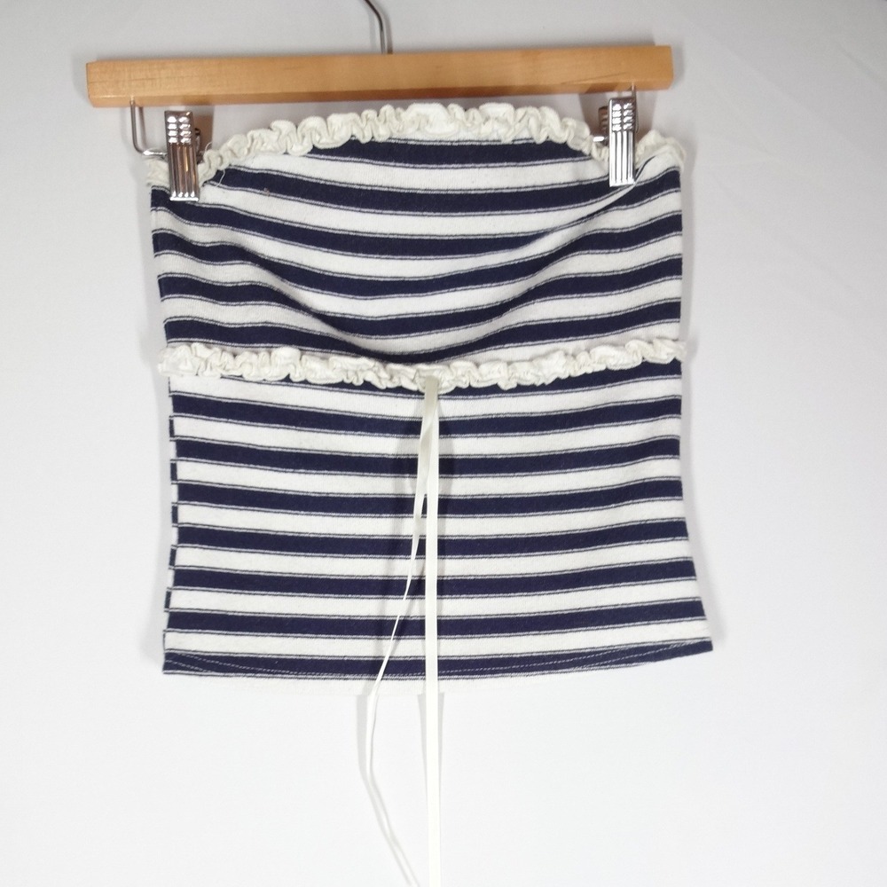 La Peche Tube Top Womens Medium Blue White Striped Ruffle Nautical Coastal 3013